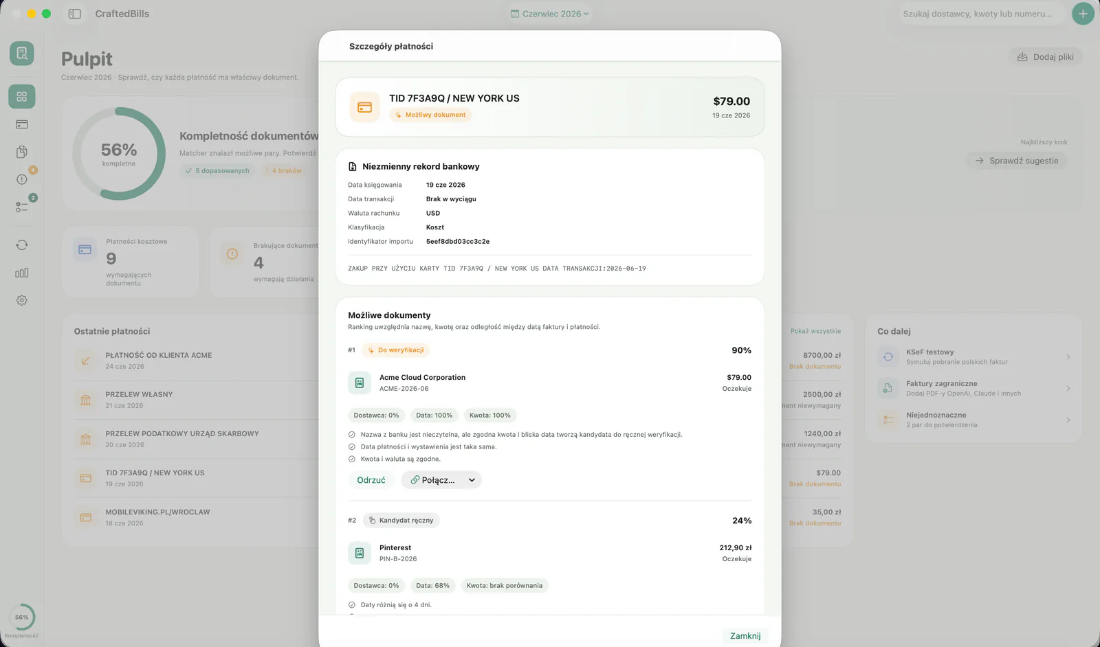 CraftedBills on macOS — payment details and document-match suggestions